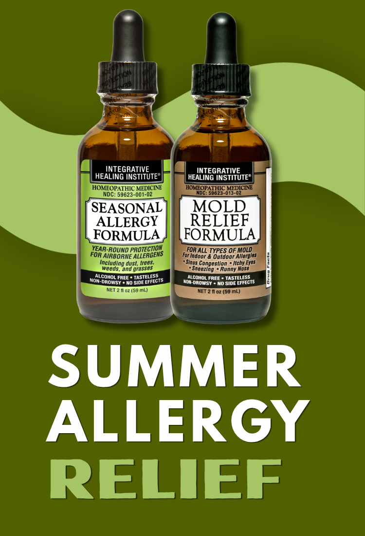 Two amber dropper bottles labeled Integrative Healing Institute Seasonal Allergy Formula and Mold Relief Formula, set against a green graphic background with large white text reading 'SUMMER ALLERGY RELIEF'.
