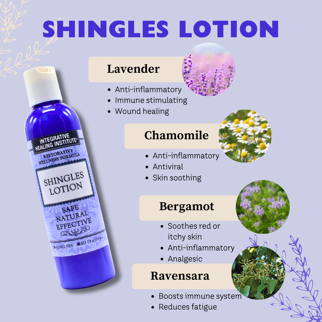 Shingles Lotion ingredients-Lavender, Chamomile, Bergamot and Ravensara