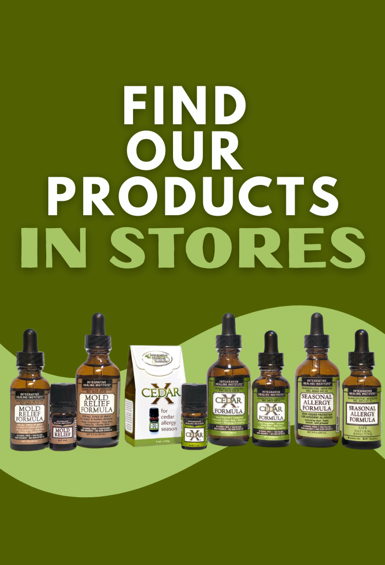 Promotional graphic with the text 'FIND OUR PRODUCTS IN STORES' on a dark olive green background, above a row of small amber dropper bottles and a box labeled Cedar.