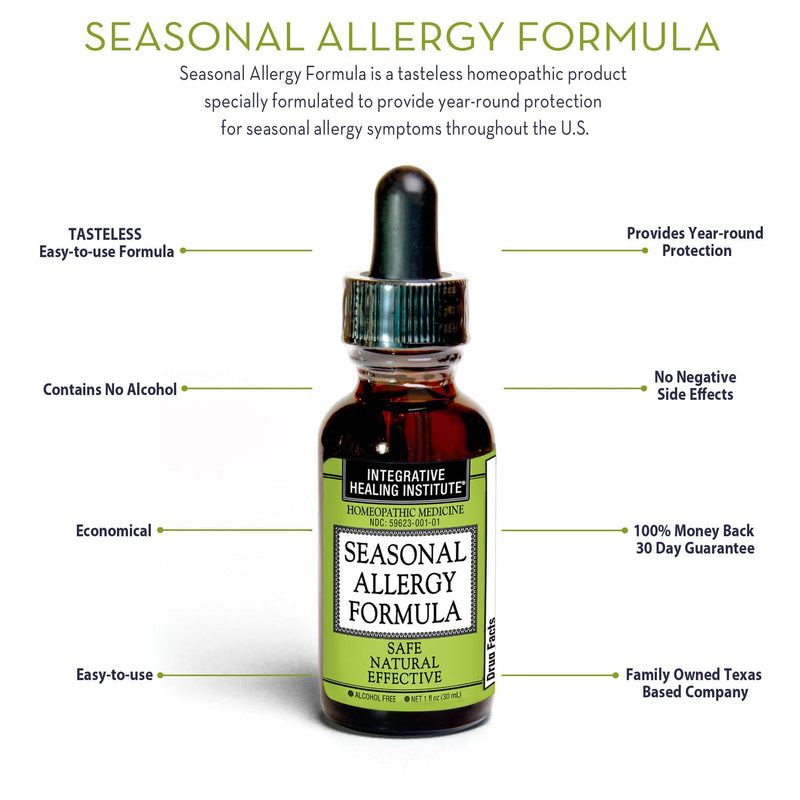 Seasonal Allergy Formula is tasteless, easy to use, contains no alcohol, year round protection from trees, grasses, weeds and dust